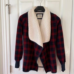 Abercrombie & Fitch Navy, Red Buffalo Plaid Sherpa-Lined Open Front Jacket, Sz S